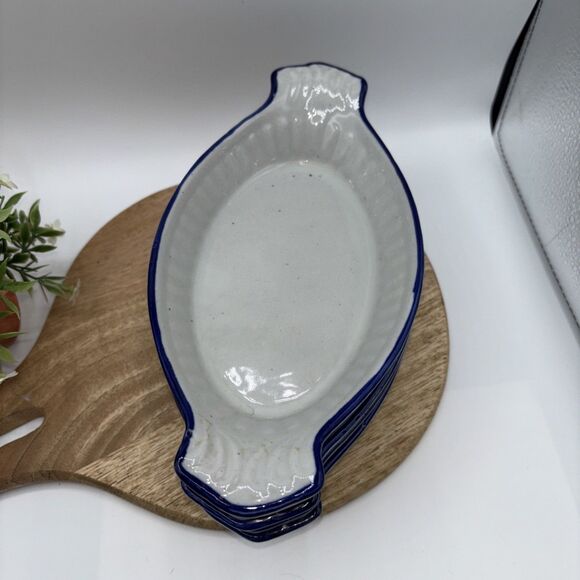 4 Vtg Blue Trim & Gray Speckled eared gratin dishes Preowned - Picture 7 of 7